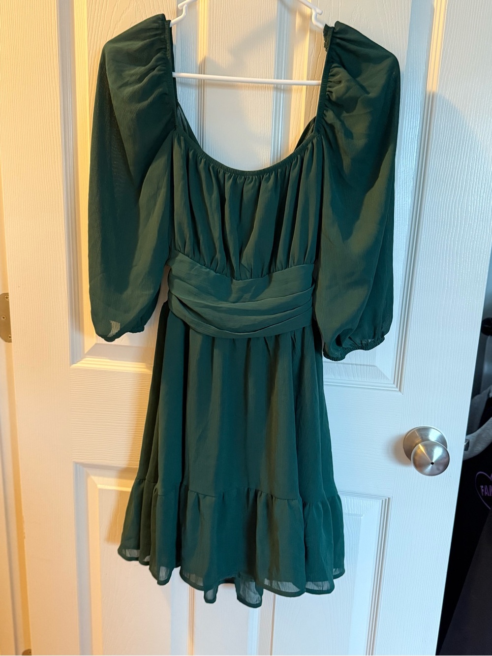 EXLURA Forest Green Fall Puff Sleeve Mini Dress Size Small